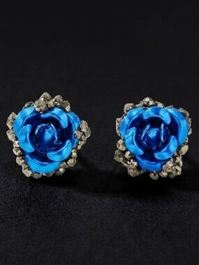 “Pyrite Dipped Blue Rosette” Folded Sculpted Metallic Rose Flower Dainty Studs